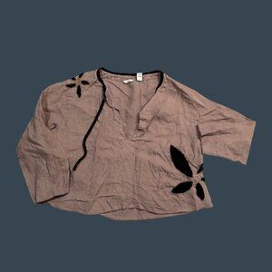 Brown  Blouse With Black Floral Cutouts & 3/4 Sleeves V-Neck Womens M